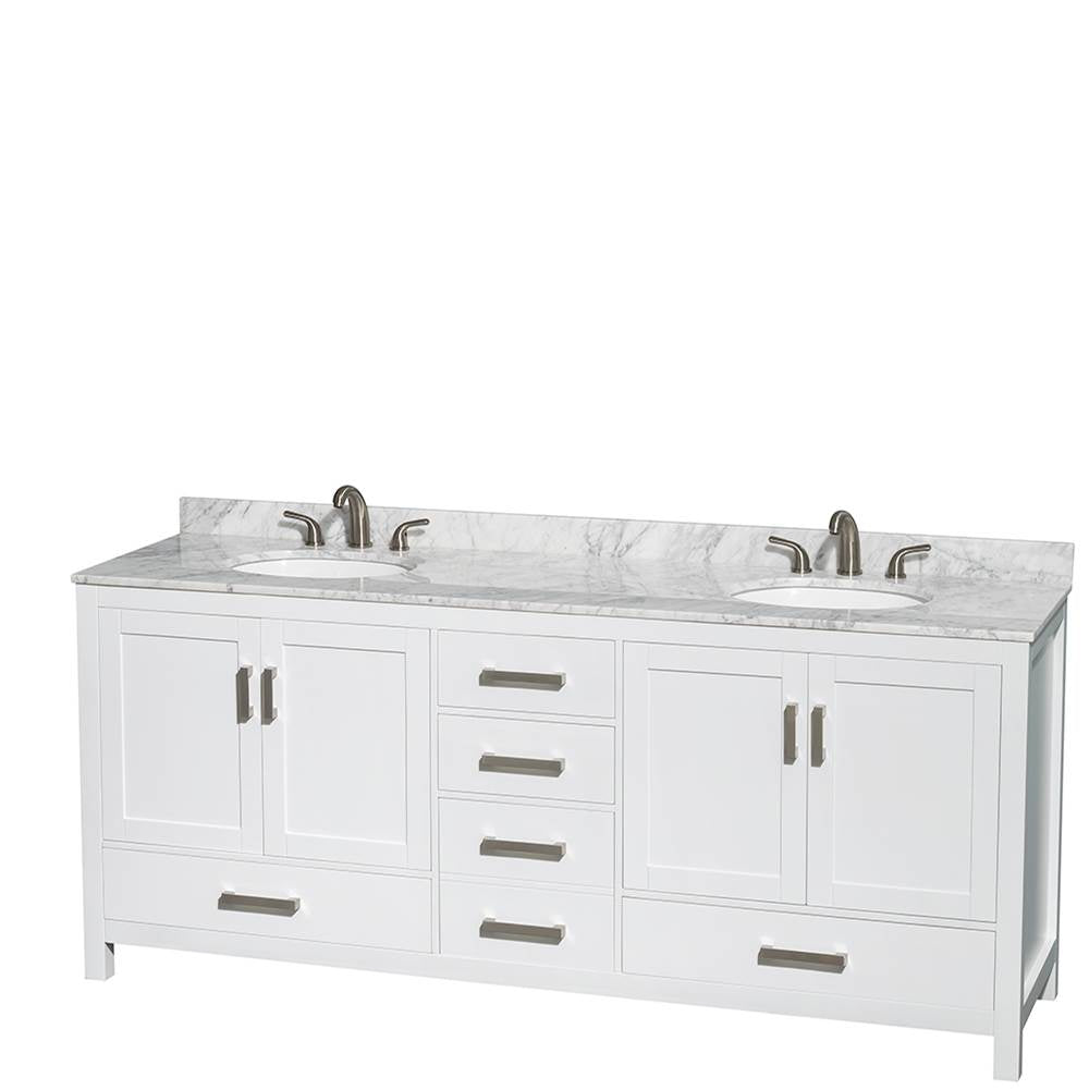 Sheffield 80 Inch Double Bathroom Vanity in Espresso, White Carrara Marble Countertop, Undermount Oval Sinks, and Medicine Cabinets