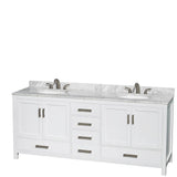 Sheffield 80 Inch Double Bathroom Vanity in Espresso, White Carrara Marble Countertop, Undermount Oval Sinks, and Medicine Cabinets