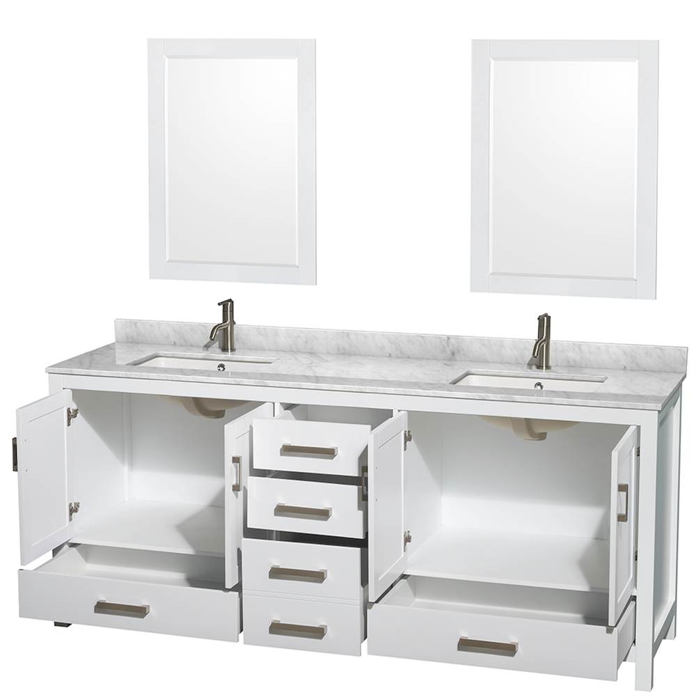 Sheffield 80 Inch Double Bathroom Vanity in Espresso, White Carrara Marble Countertop, Undermount Square Sinks, and 24 Inch Mirrors