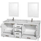 Sheffield 80 Inch Double Bathroom Vanity in Espresso, White Carrara Marble Countertop, Undermount Square Sinks, and 24 Inch Mirrors