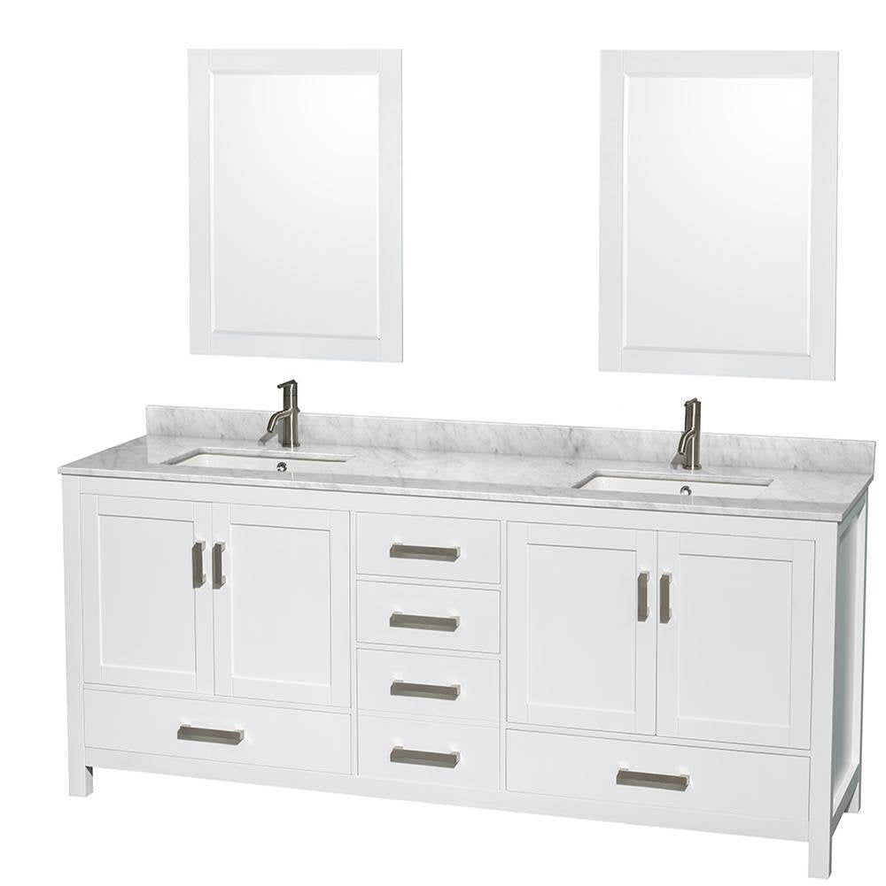 Wyndham Collection - Sheffield 80 Inch Double Bathroom Vanity in White, White Carrara Marble Countertop, Undermount Square Sinks, and 24 Inch Mirrors - White