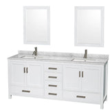 Wyndham Collection - Sheffield 80 Inch Double Bathroom Vanity in White, White Carrara Marble Countertop, Undermount Square Sinks, and 24 Inch Mirrors - White