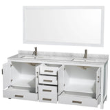 Sheffield 80 Inch Double Bathroom Vanity in Espresso, White Carrara Marble Countertop, Undermount Square Sinks, and 70 Inch Mirror
