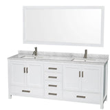 Wyndham Collection - Sheffield 80 Inch Double Bathroom Vanity in White, White Carrara Marble Countertop, Undermount Square Sinks, and 70 Inch Mirror - White