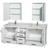 Sheffield 80 Inch Double Bathroom Vanity in Espresso, White Carrara Marble Countertop, Undermount Square Sinks, and Medicine Cabinets