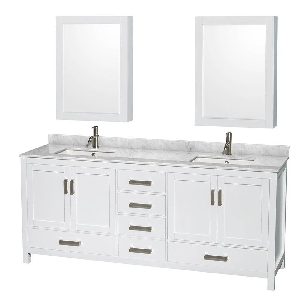 Wyndham Collection - Sheffield 80 Inch Double Bathroom Vanity in White, White Carrara Marble Countertop, Undermount Square Sinks, and Medicine Cabinets - White