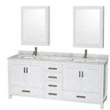 Wyndham Collection - Sheffield 80 Inch Double Bathroom Vanity in White, White Carrara Marble Countertop, Undermount Square Sinks, and Medicine Cabinets - White