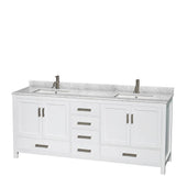 Sheffield 80 Inch Double Bathroom Vanity in Espresso, White Carrara Marble Countertop, Undermount Square Sinks, and Medicine Cabinets