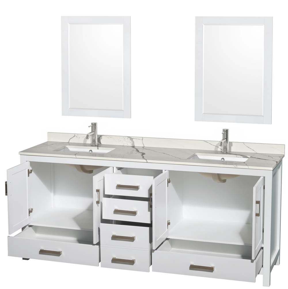 Sheffield 80 Inch Double Bathroom Vanity in Gray, Calacatta Quartz Countertop, Undermount Square Sinks, 24 Inch Mirrors