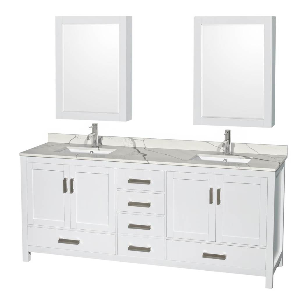 Wyndham Collection - Sheffield 80 Inch Double Bathroom Vanity in White, Calacatta Quartz Countertop, Undermount Square Sinks, Medicine Cabinets - White