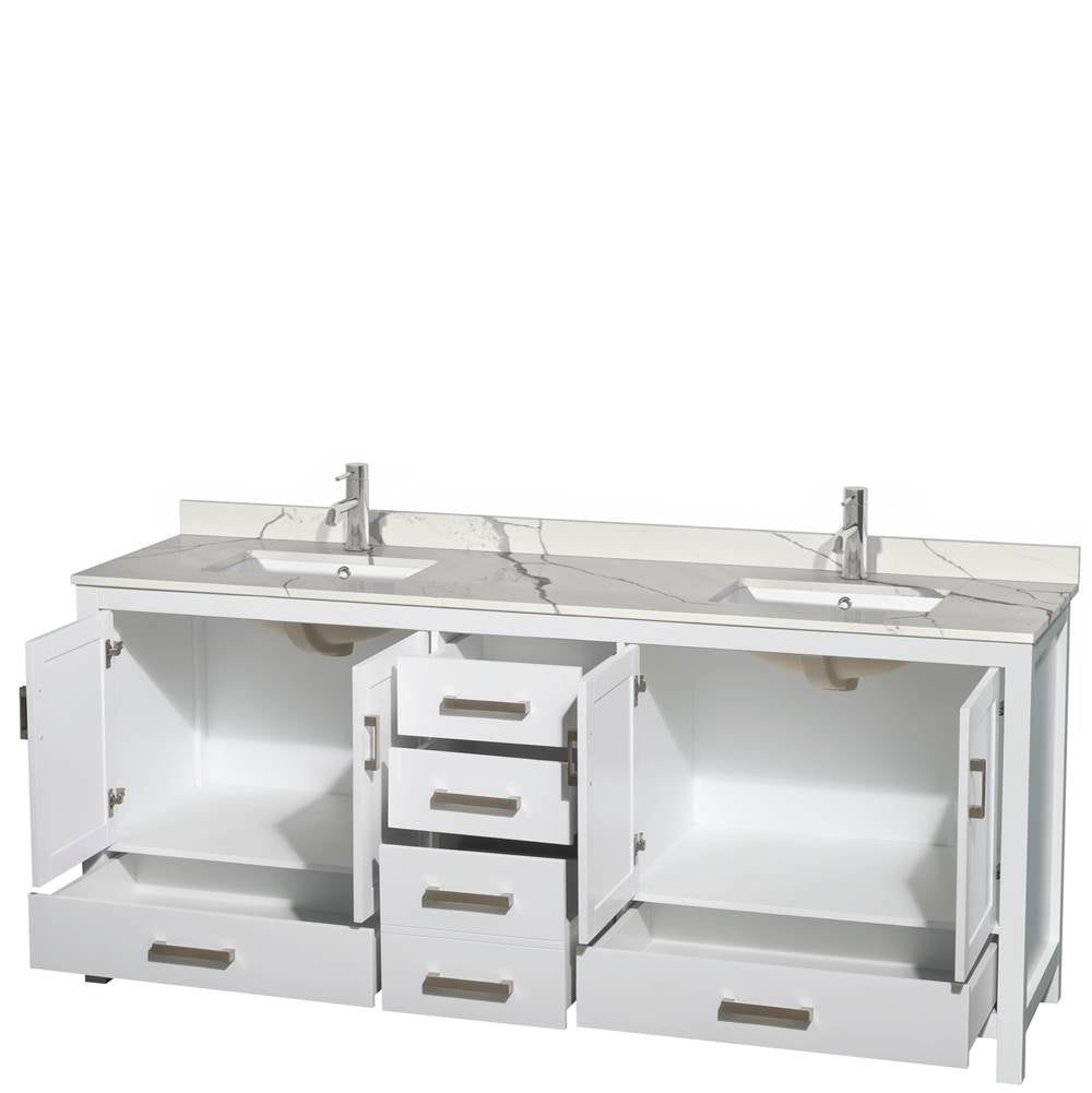 Sheffield 80 Inch Double Bathroom Vanity in Gray, Calacatta Quartz Countertop, Undermount Square Sinks, No Mirror