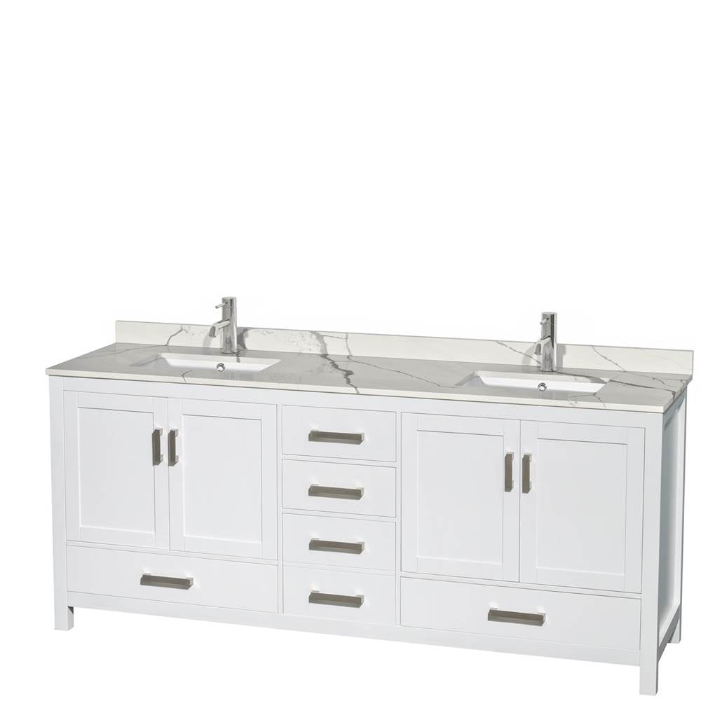Wyndham Collection - Sheffield 80 Inch Double Bathroom Vanity in White, Calacatta Quartz Countertop, Undermount Square Sinks, No Mirror - White