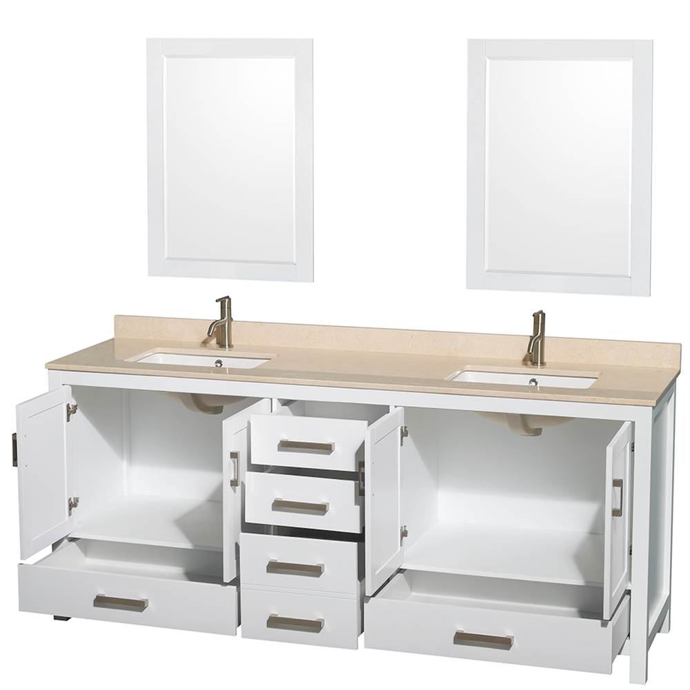 Sheffield 80 Inch Double Bathroom Vanity in Espresso, Ivory Marble Countertop, Undermount Square Sinks, and 24 Inch Mirrors