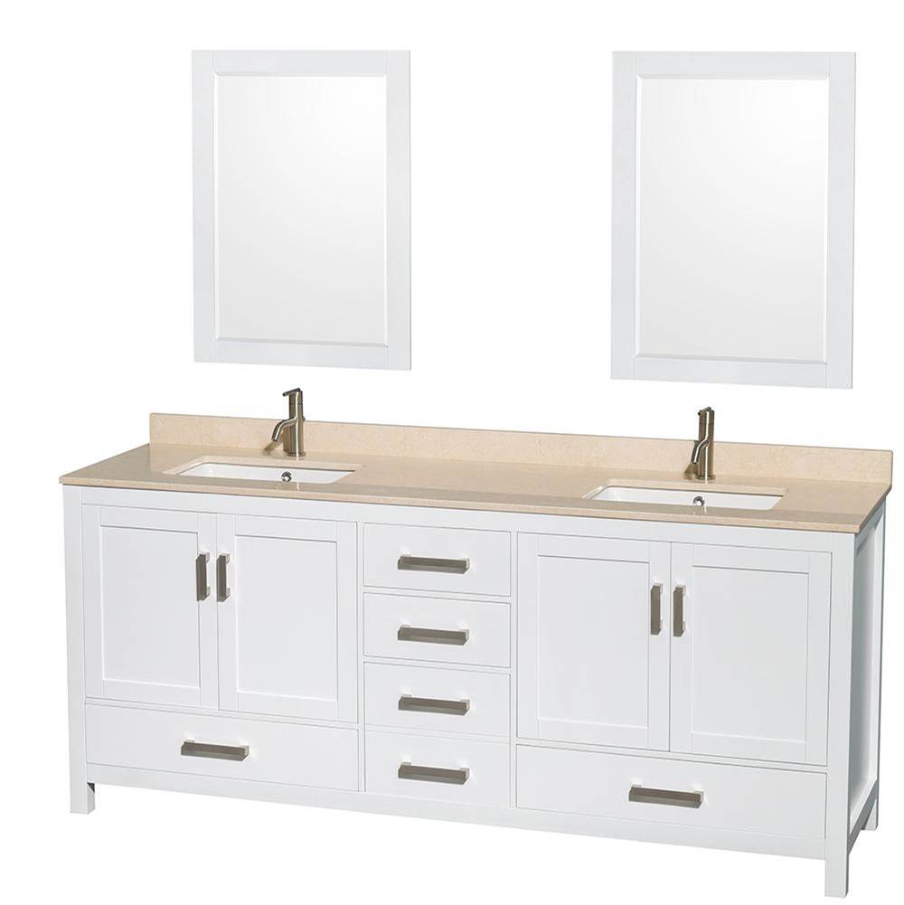 Wyndham Collection - Sheffield 80 Inch Double Bathroom Vanity in White, Ivory Marble Countertop, Undermount Square Sinks, and 24 Inch Mirrors - White