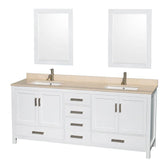 Wyndham Collection - Sheffield 80 Inch Double Bathroom Vanity in White, Ivory Marble Countertop, Undermount Square Sinks, and 24 Inch Mirrors - White