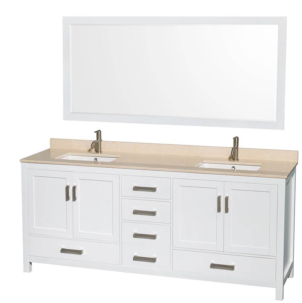 Wyndham Collection - Sheffield 80 Inch Double Bathroom Vanity in White, Ivory Marble Countertop, Undermount Square Sinks, and 70 Inch Mirror - White