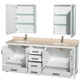 Sheffield 80 Inch Double Bathroom Vanity in Espresso, Ivory Marble Countertop, Undermount Square Sinks, and Medicine Cabinets