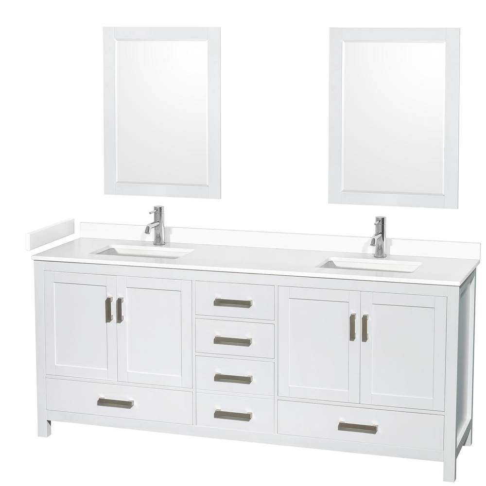 Wyndham Collection - Sheffield 80 Inch Double Bathroom Vanity in White, White Cultured Marble Countertop, Undermount Square Sinks, 24 Inch Mirrors