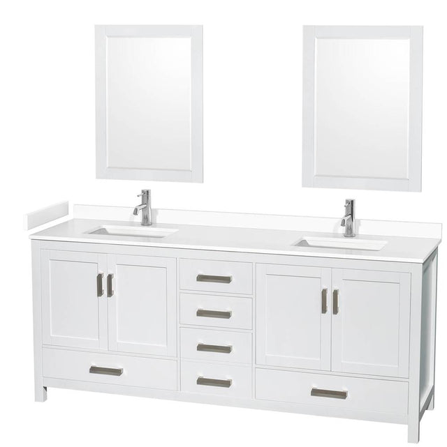 Wyndham Collection - Sheffield 80 Inch Double Bathroom Vanity in White, White Cultured Marble Countertop, Undermount Square Sinks, 24 Inch Mirrors