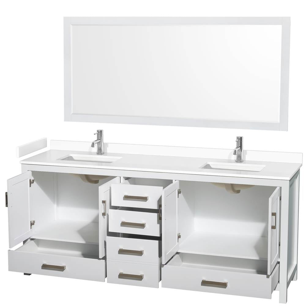 Sheffield 80 Inch Double Bathroom Vanity in White, White Cultured Marble Countertop, Undermount Square Sinks, 70 Inch Mirror