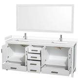 Sheffield 80 Inch Double Bathroom Vanity in White, White Cultured Marble Countertop, Undermount Square Sinks, 70 Inch Mirror