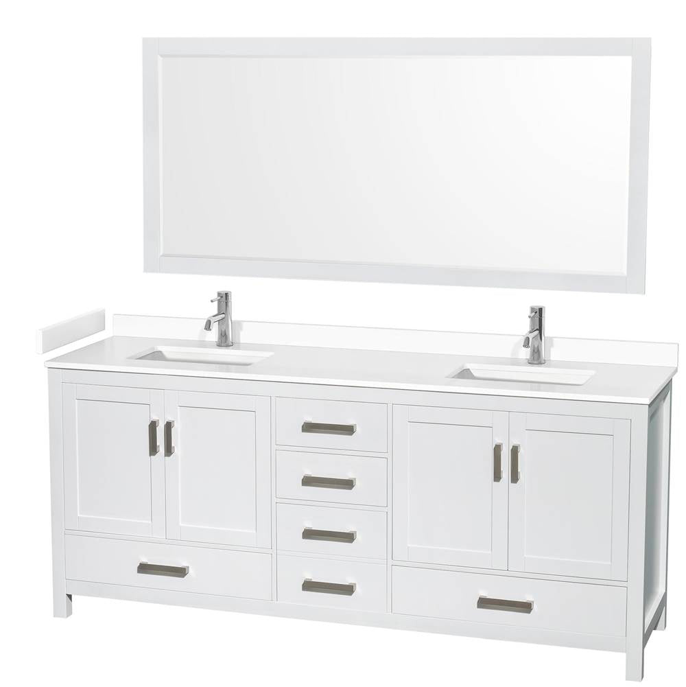 Wyndham Collection - Sheffield 80 Inch Double Bathroom Vanity in White, White Cultured Marble Countertop, Undermount Square Sinks, 70 Inch Mirror