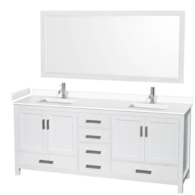 Wyndham Collection - Sheffield 80 Inch Double Bathroom Vanity in White, White Cultured Marble Countertop, Undermount Square Sinks, 70 Inch Mirror