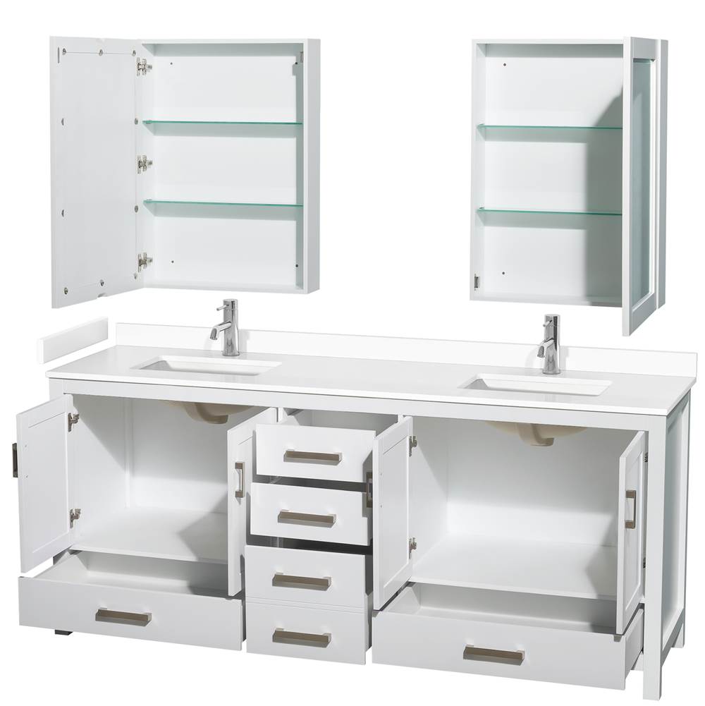 Sheffield 80 Inch Double Bathroom Vanity in White, White Cultured Marble Countertop, Undermount Square Sinks, Medicine Cabinets
