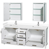 Sheffield 80 Inch Double Bathroom Vanity in White, White Cultured Marble Countertop, Undermount Square Sinks, Medicine Cabinets