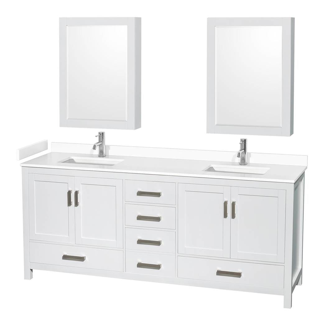 Wyndham Collection - Sheffield 80 Inch Double Bathroom Vanity in White, White Cultured Marble Countertop, Undermount Square Sinks, Medicine Cabinets