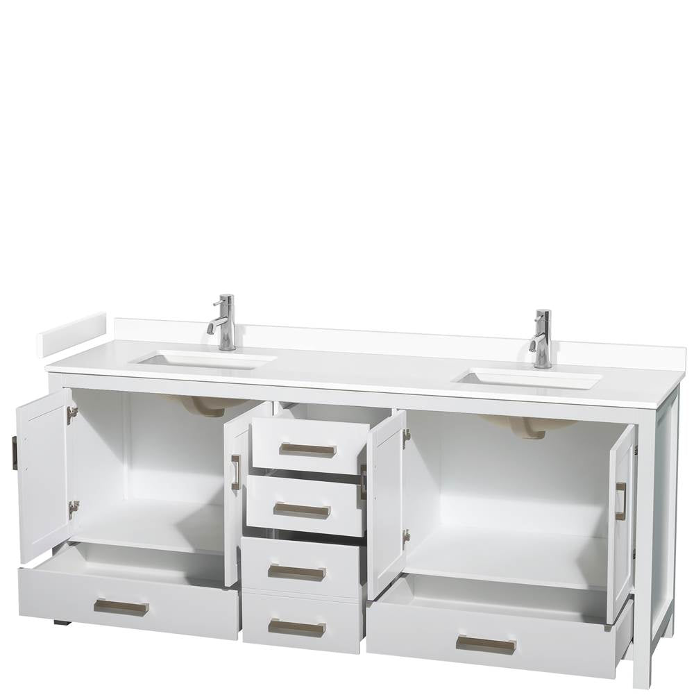 Sheffield 80 Inch Double Bathroom Vanity in White, White Cultured Marble Countertop, Undermount Square Sinks, No Mirror
