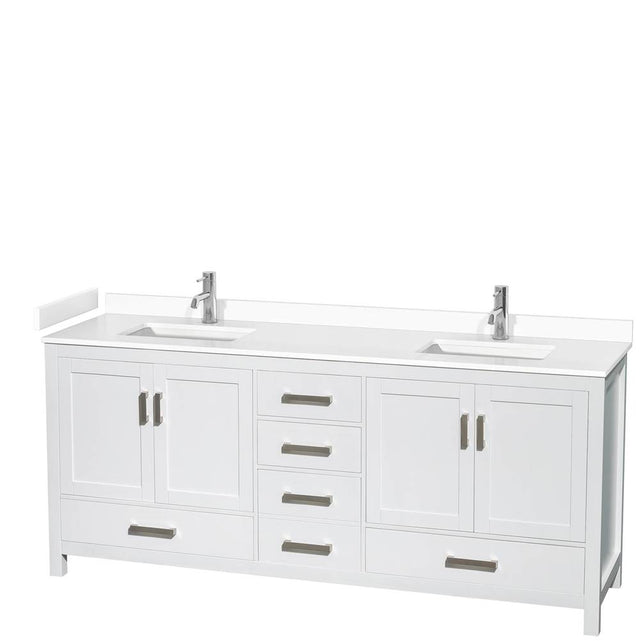 Wyndham Collection - Sheffield 80 Inch Double Bathroom Vanity in White, White Cultured Marble Countertop, Undermount Square Sinks, No Mirror