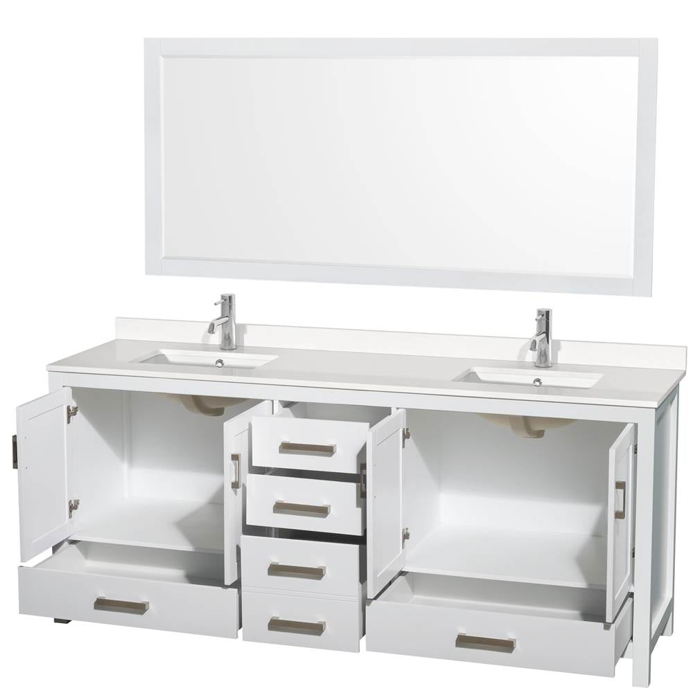 Sheffield 80 Inch Double Bathroom Vanity in Gray, White Quartz Countertop, Undermount Square Sinks, 70 Inch Mirror