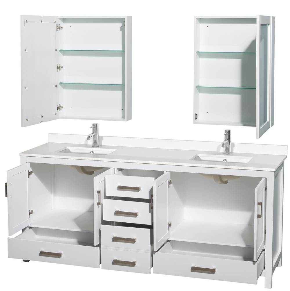 Sheffield 80 Inch Double Bathroom Vanity in Gray, White Quartz Countertop, Undermount Square Sinks, Medicine Cabinets