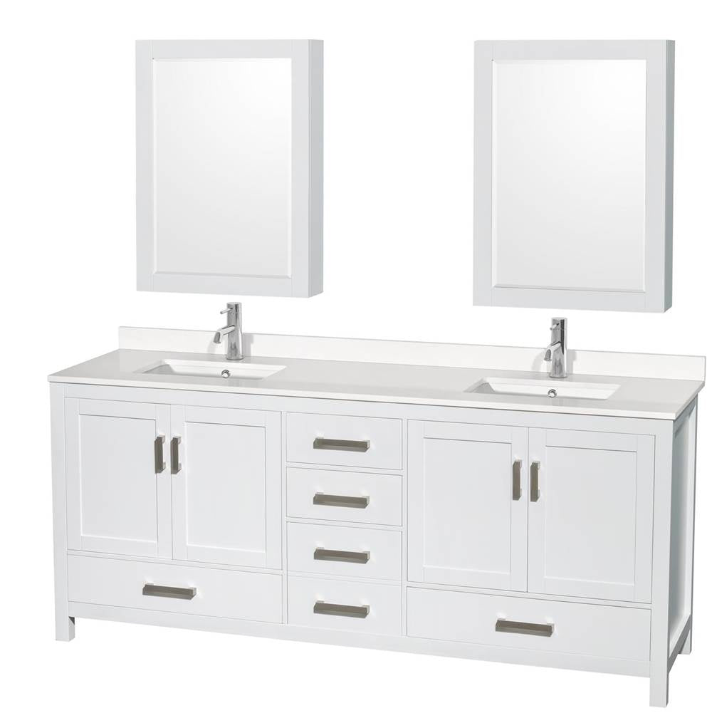 Wyndham Collection - Sheffield 80 Inch Double Bathroom Vanity in White, White Quartz Countertop, Undermount Square Sinks, Medicine Cabinets - White