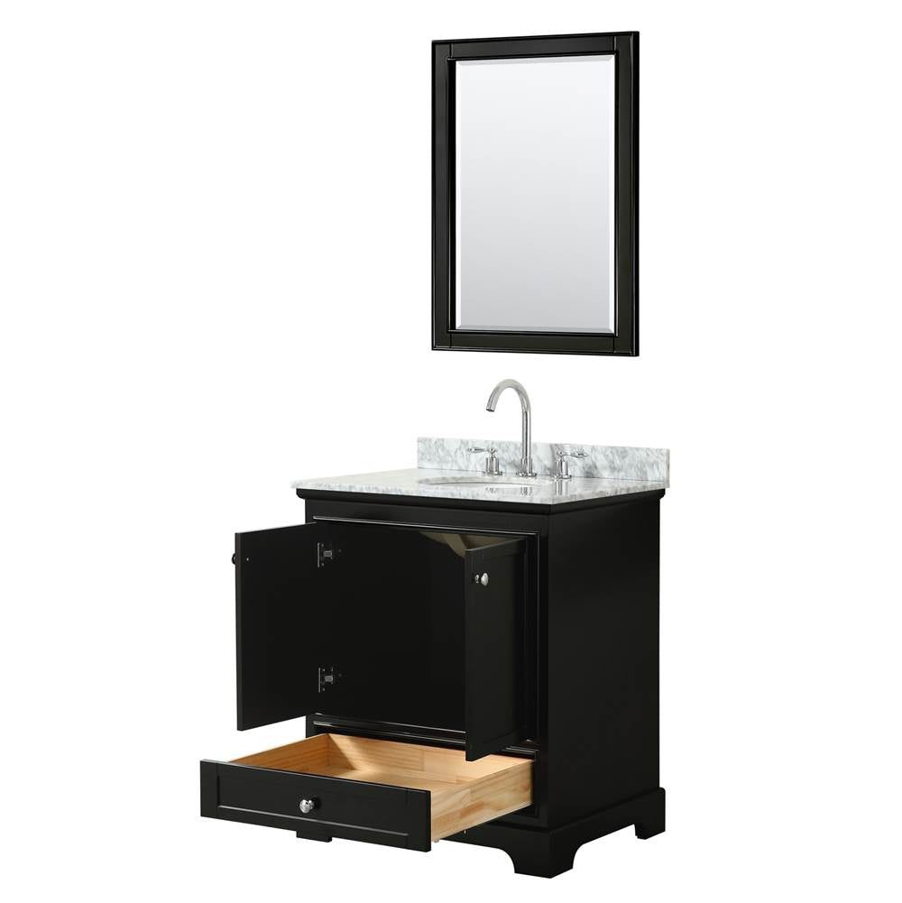 Deborah 30 Inch Single Bathroom Vanity in Dark Espresso, White Carrara Marble Countertop, Undermount Oval Sink, and 24 Inch Mirror