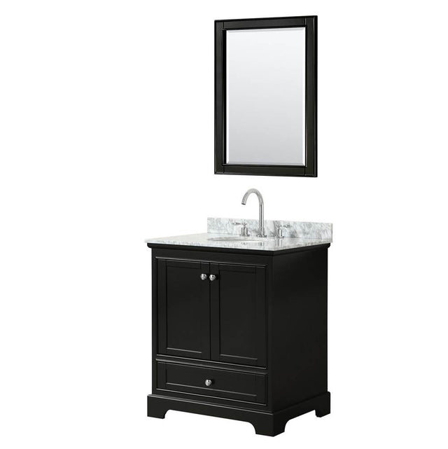 Wyndham Collection - Deborah 30 Inch Single Bathroom Vanity in Dark Espresso, White Carrara Marble Countertop, Undermount Oval Sink, and 24 Inch Mirror - Dark Espresso