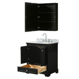 Deborah 30 Inch Single Bathroom Vanity in Dark Espresso, White Carrara Marble Countertop, Undermount Oval Sink, and Medicine Cabinet
