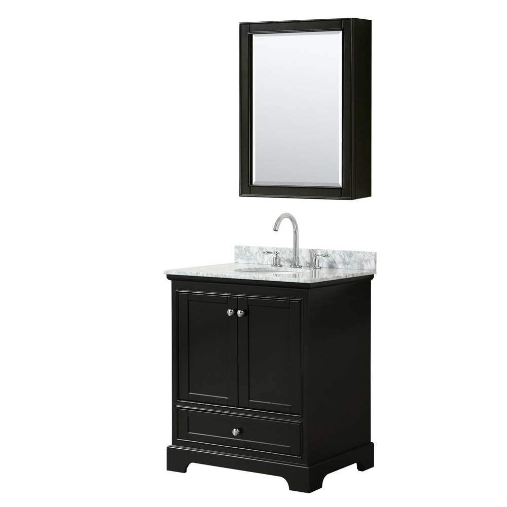 Wyndham Collection - Deborah 30 Inch Single Bathroom Vanity in Dark Espresso, White Carrara Marble Countertop, Undermount Oval Sink, and Medicine Cabinet - Dark Espresso