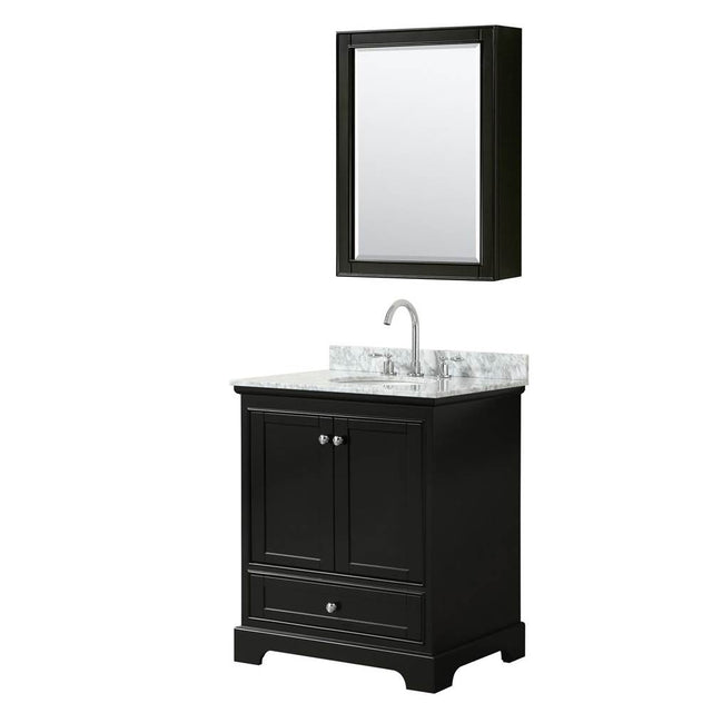 Wyndham Collection - Deborah 30 Inch Single Bathroom Vanity in Dark Espresso, White Carrara Marble Countertop, Undermount Oval Sink, and Medicine Cabinet - Dark Espresso
