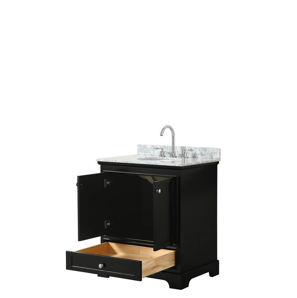 Deborah 30 Inch Single Bathroom Vanity in Dark Espresso, White Carrara Marble Countertop, Undermount Oval Sink, and No Mirror