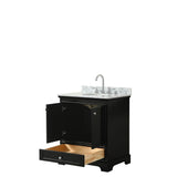 Deborah 30 Inch Single Bathroom Vanity in Dark Espresso, White Carrara Marble Countertop, Undermount Oval Sink, and No Mirror