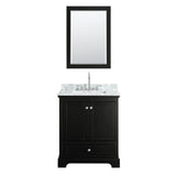 Deborah 30 Inch Single Bathroom Vanity in Dark Espresso, White Carrara Marble Countertop, Undermount Square Sink, and 24 Inch Mirror