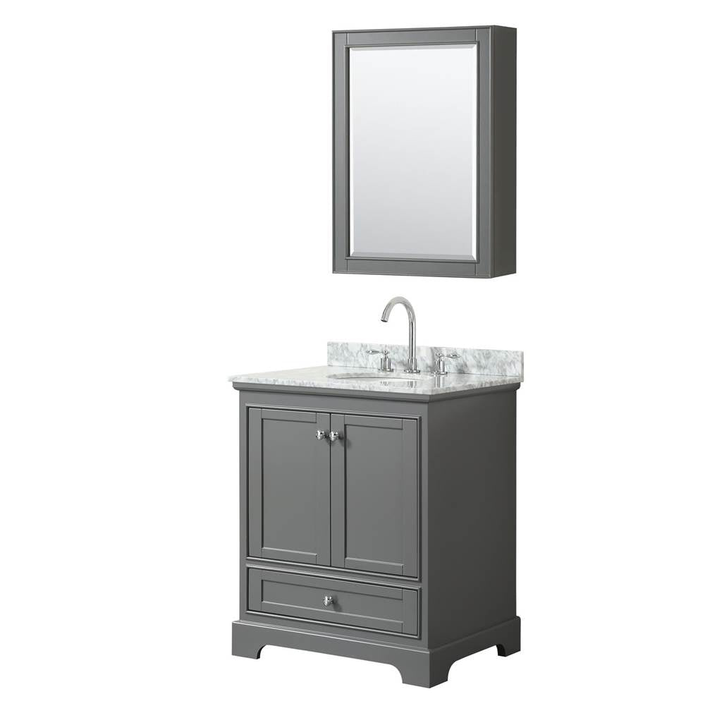 Wyndham Collection - Deborah 30 Inch Single Bathroom Vanity in Dark Gray, White Carrara Marble Countertop, Undermount Oval Sink, and Medicine Cabinet - Dark Gray