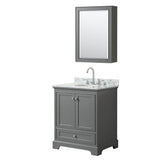 Wyndham Collection - Deborah 30 Inch Single Bathroom Vanity in Dark Gray, White Carrara Marble Countertop, Undermount Oval Sink, and Medicine Cabinet - Dark Gray