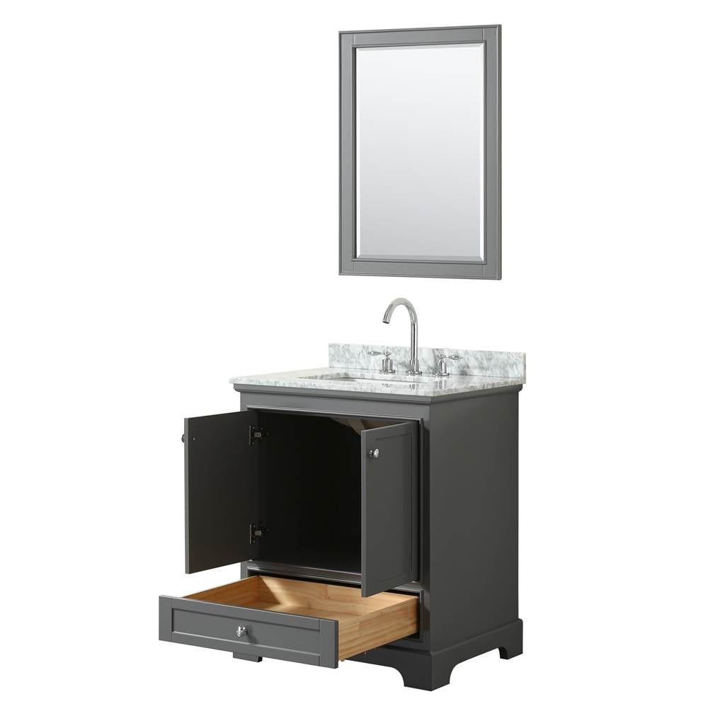Deborah 30 Inch Single Bathroom Vanity in Dark Espresso, White Carrara Marble Countertop, Undermount Square Sink, and 24 Inch Mirror