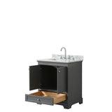 Deborah 30 Inch Single Bathroom Vanity in Dark Espresso, White Carrara Marble Countertop, Undermount Square Sink, and No Mirror