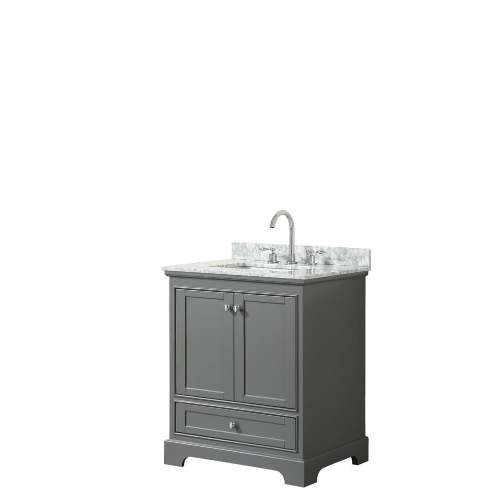 Wyndham Collection - Deborah 30 Inch Single Bathroom Vanity in Dark Gray, White Carrara Marble Countertop, Undermount Square Sink, and No Mirror - Dark Gray