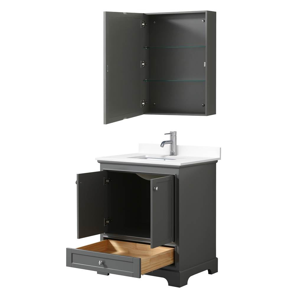 Deborah 30 Inch Single Bathroom Vanity in Dark Gray, White Cultured Marble Countertop, Undermount Square Sink, Medicine Cabinet