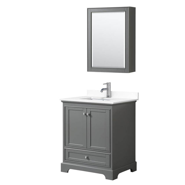 Wyndham Collection - Deborah 30 Inch Single Bathroom Vanity in Dark Gray, White Cultured Marble Countertop, Undermount Square Sink, Medicine Cabinet